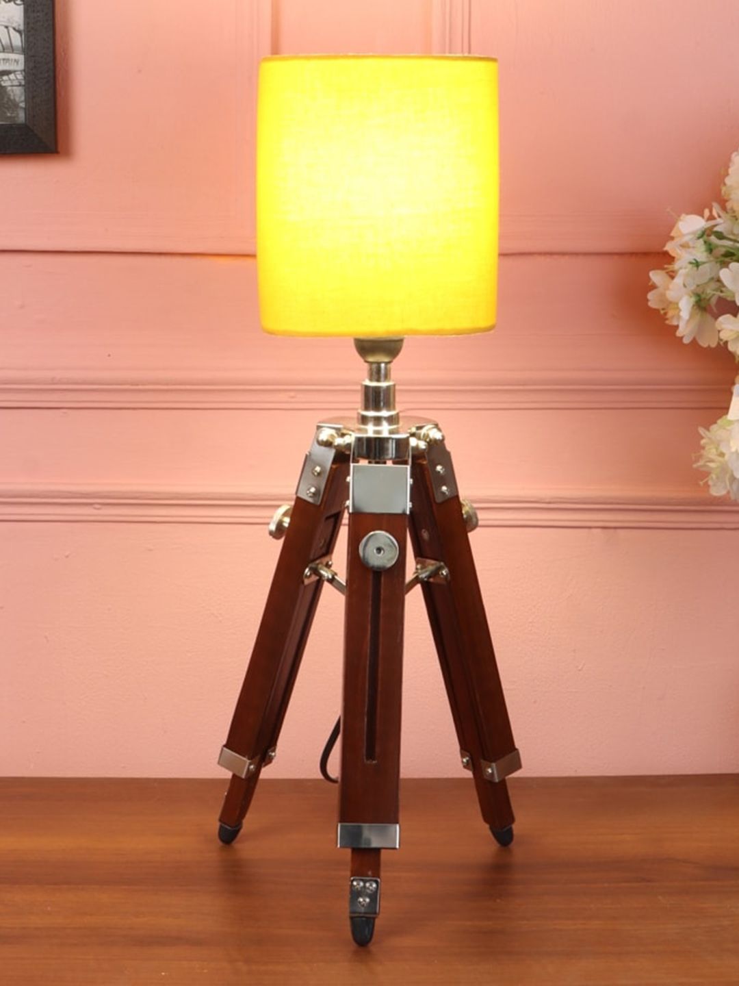 BEVERLY STUDIO Yellow & Brown Solid Shade Tripod Traditional Table Lamp Price in India