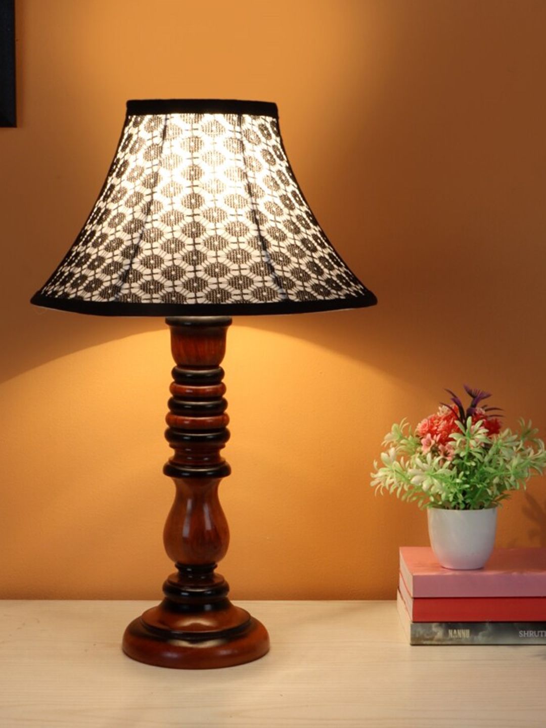 BEVERLY STUDIO Black & White Printed Wooden Table Lamp Price in India