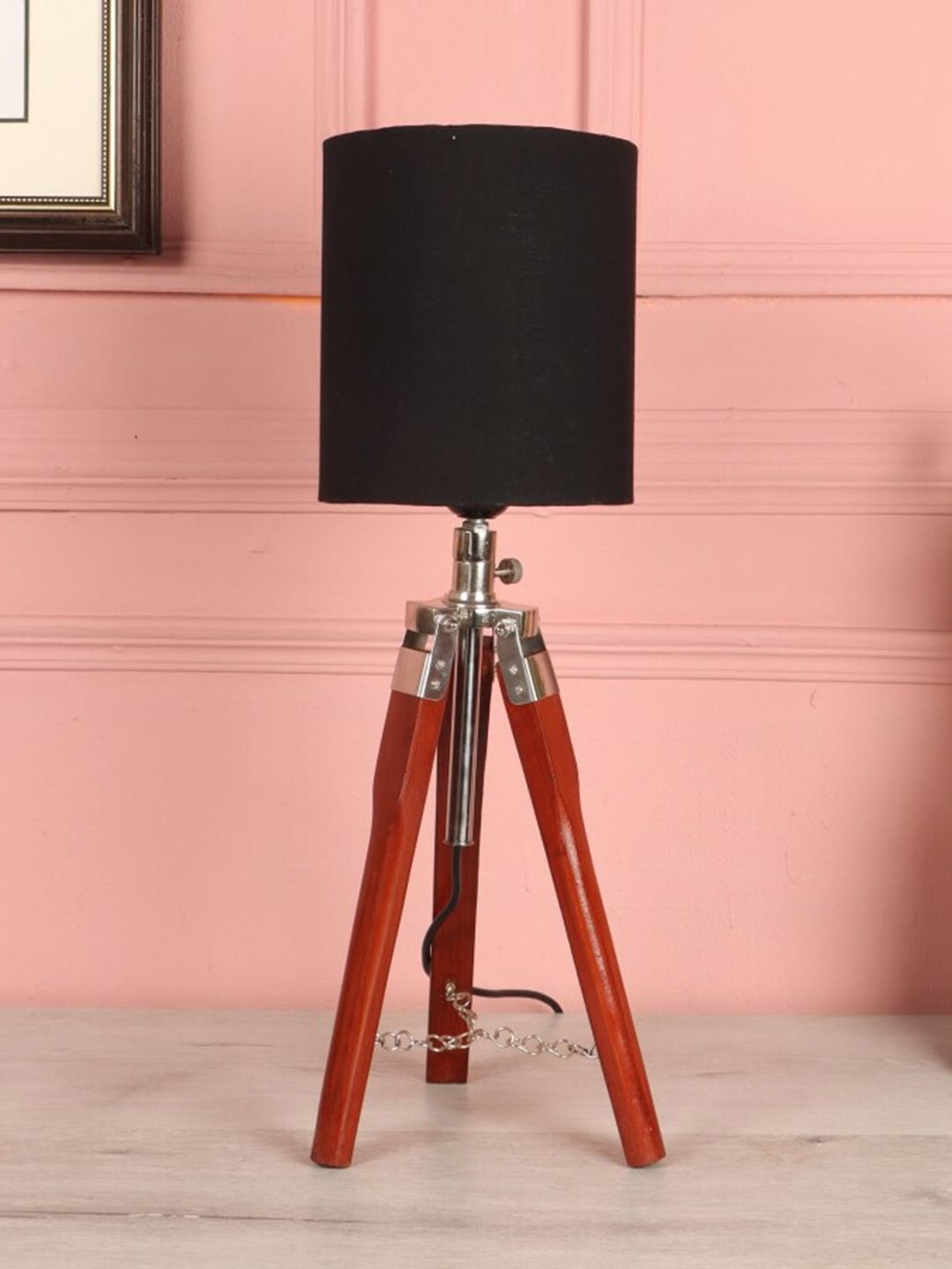 BEVERLY STUDIO Black & Brown Solid Wooden Mini Tripod Table Lamp Price in India