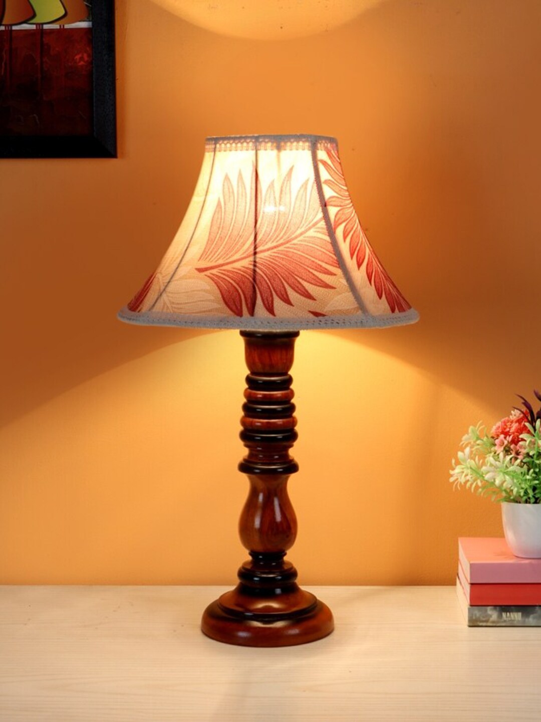 BEVERLY STUDIO Peach-Coloured & Brown Printed Leaf Traditional Table Lamp Price in India