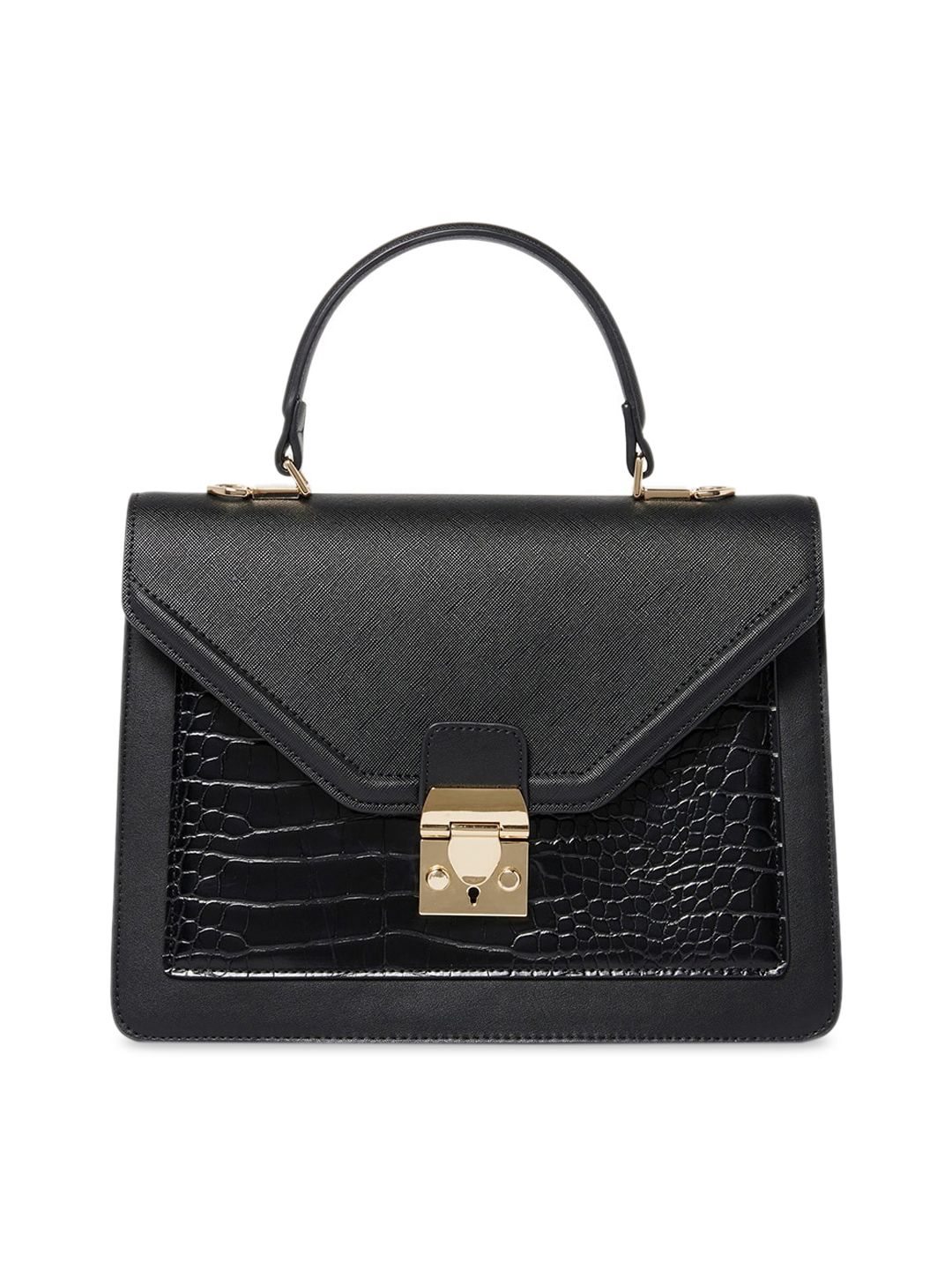 Forever New Black Animal Textured PU Structured Satchel with Cut Work Price in India