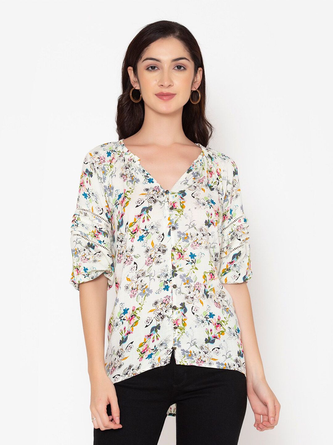 FLAWLESS women's White Floral Print Roll-Up Sleeves High-Low Top