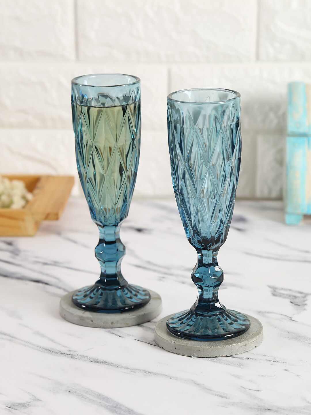 India Circus by Krsnaa Mehta Set of 2 Blue Textured Crystal Glass Champagne Glasses Price in India
