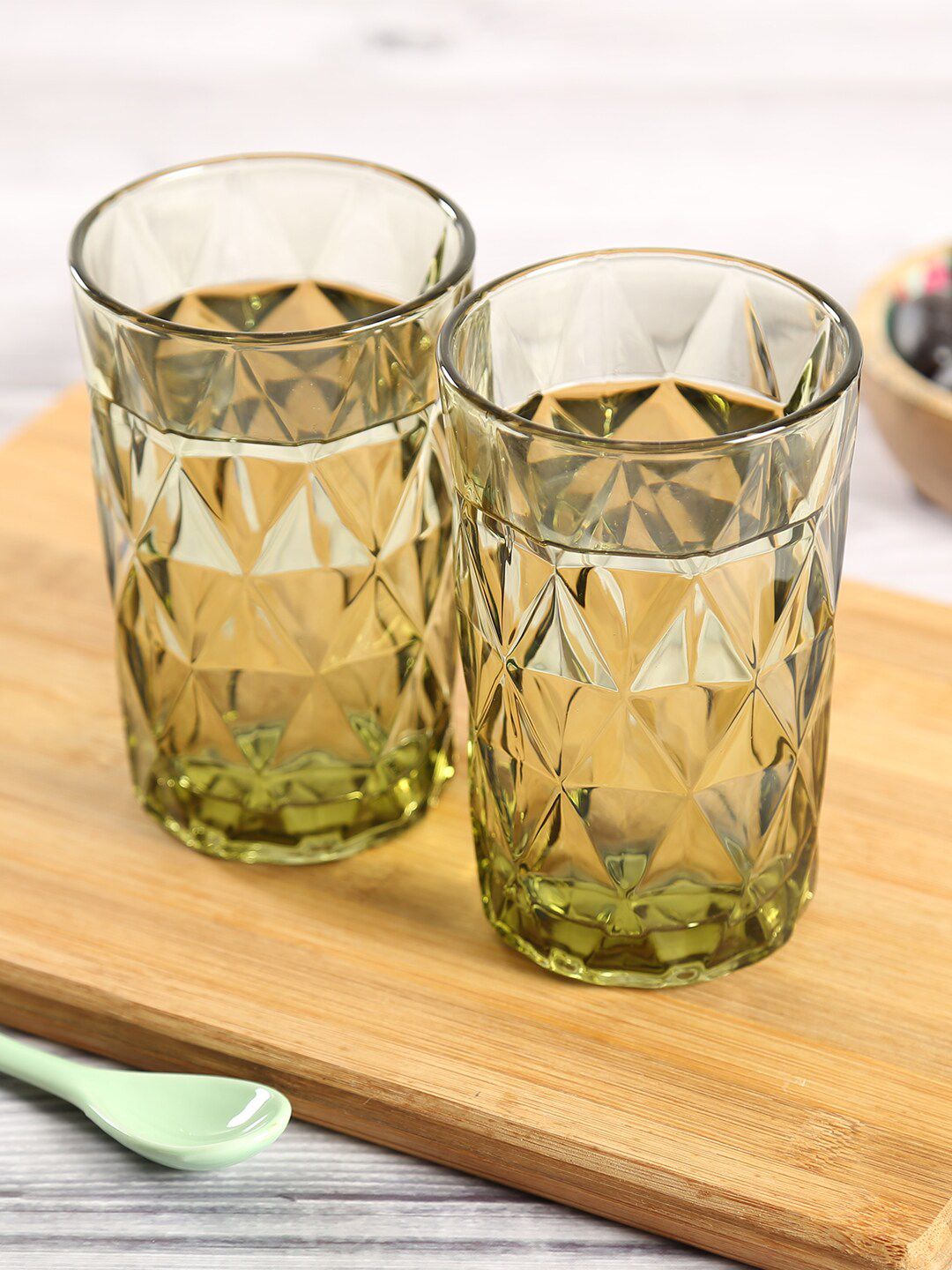 India Circus by Krsnaa Mehta Set of 2 Green Textured Crystal Glass Embossed Glasses Price in India