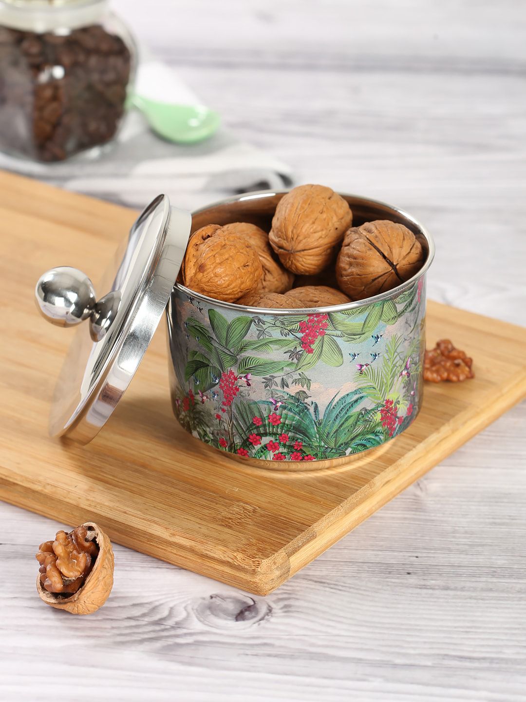 India Circus by Krsnaa Mehta Grey & Green Printed Tropical View Steel Bowl with Lid Price in India