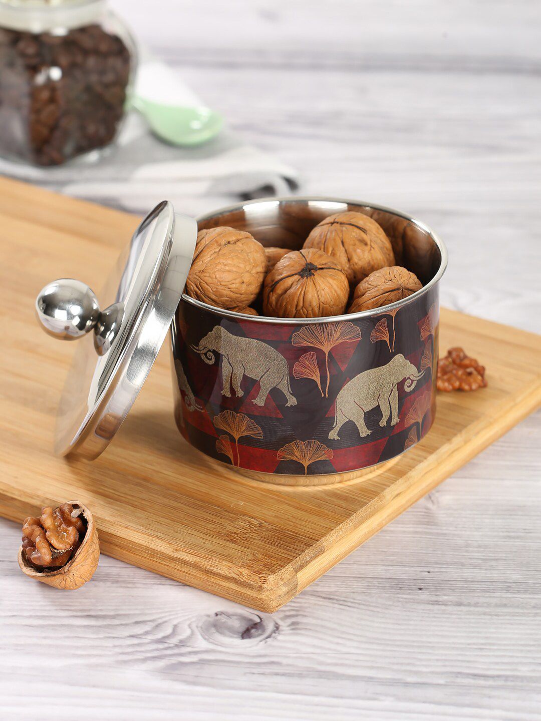 India Circus by Krsnaa Mehta Brown & Silver-Toned Digital Printed Steel Bowl with Lid Price in India