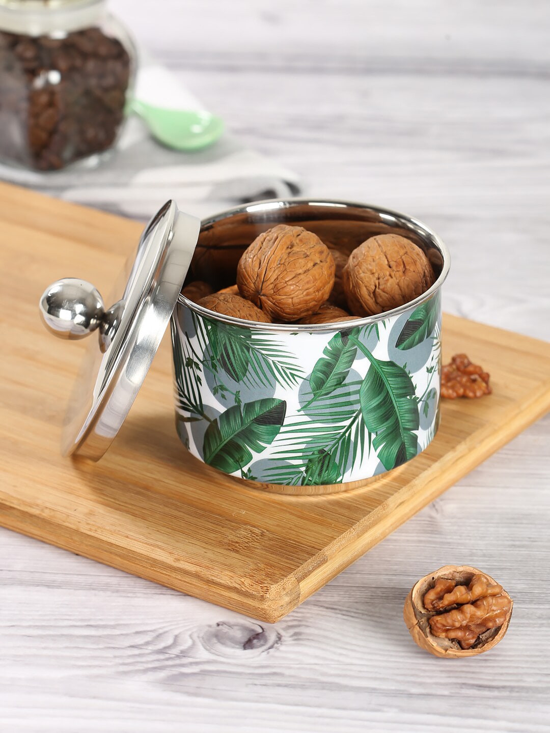 India Circus by Krsnaa Mehta White & Green Tropical Printed Steel Bowl With Lid Price in India