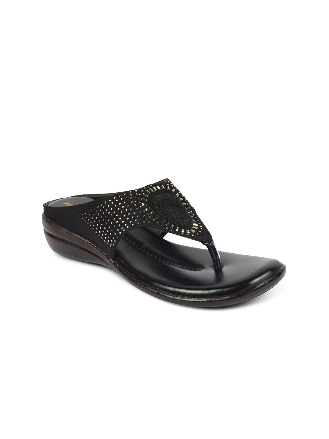 XE LOOKS Women Black Embellished T-Strap Flats with Laser Cuts Price in India