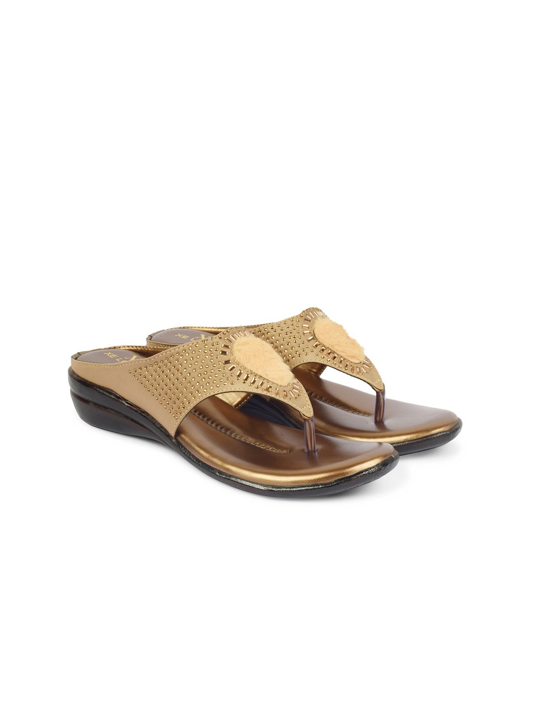 XE LOOKS Women Copper-Toned Embellished T-Strap Flats with Laser Cuts Price in India