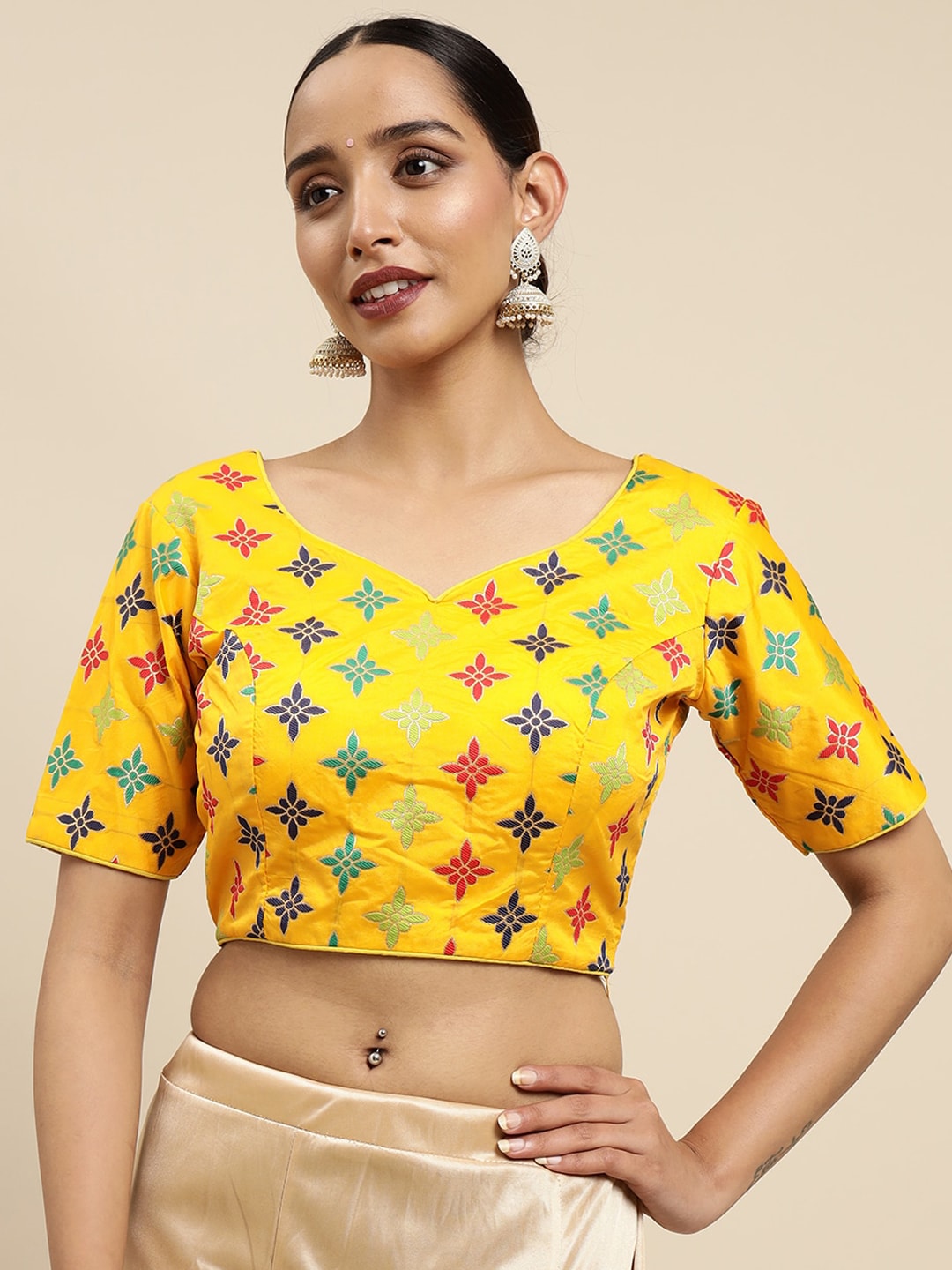 Mimosa Women Yellow Woven Design Silk Sweetheart Neck Blouse Price in India