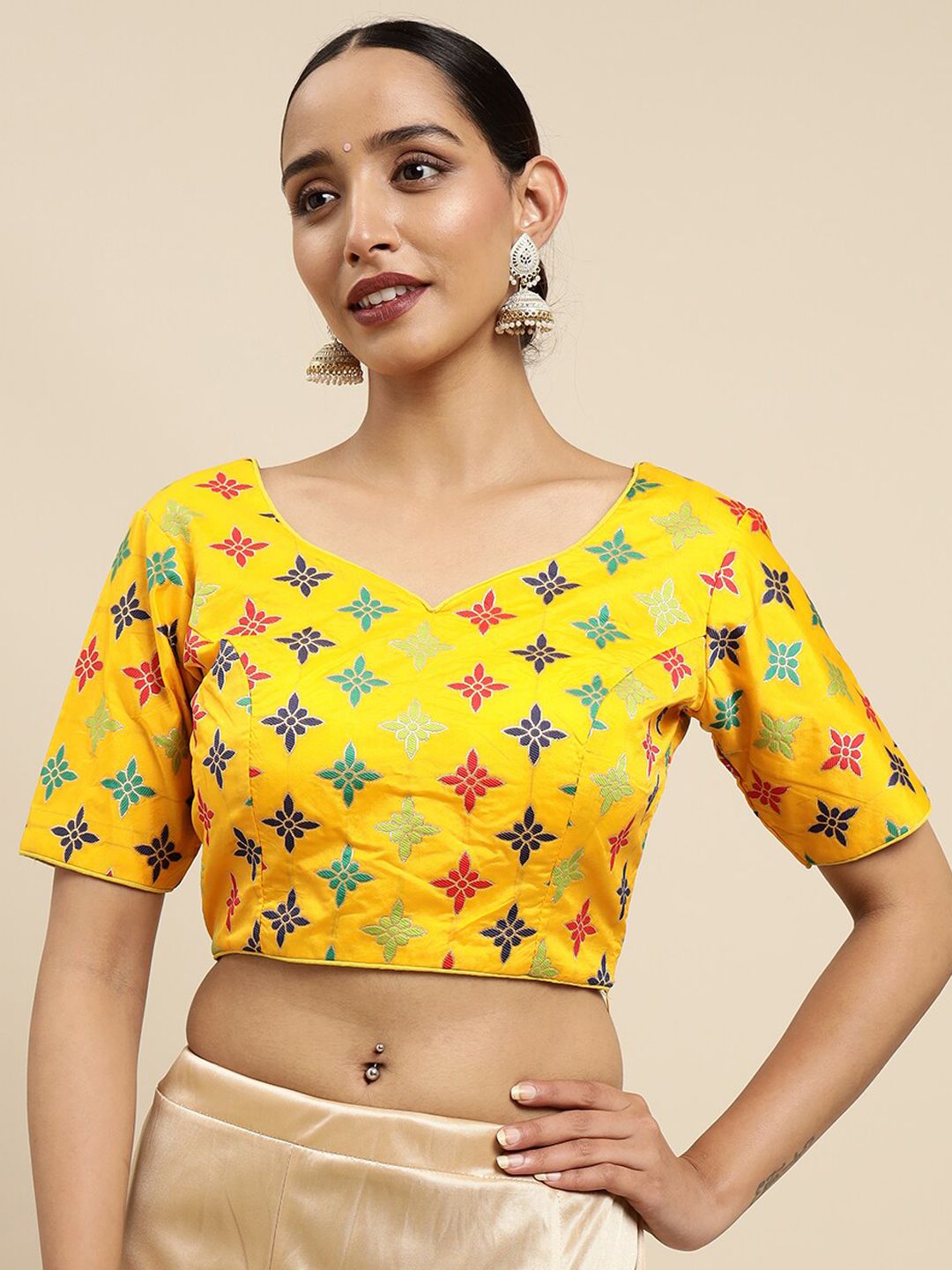 Mimosa Women Yellow & Red Woven Design Silk Saree Blouse Price in India