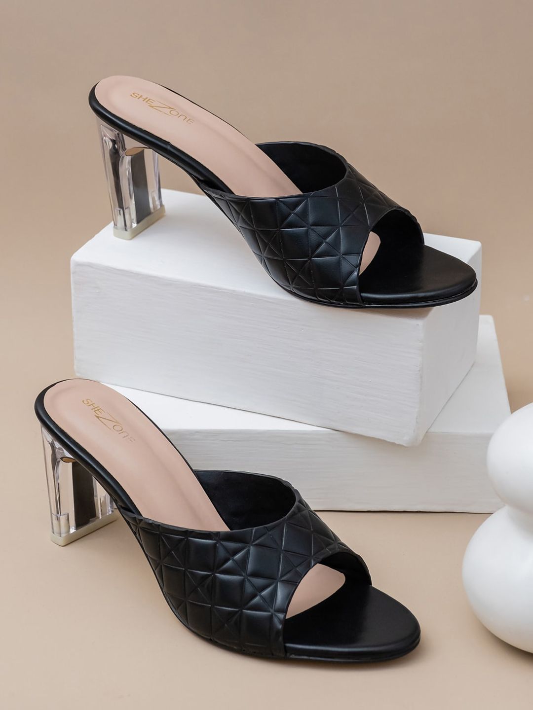 Shezone Black Printed Block Mules with Laser Cuts Price in India