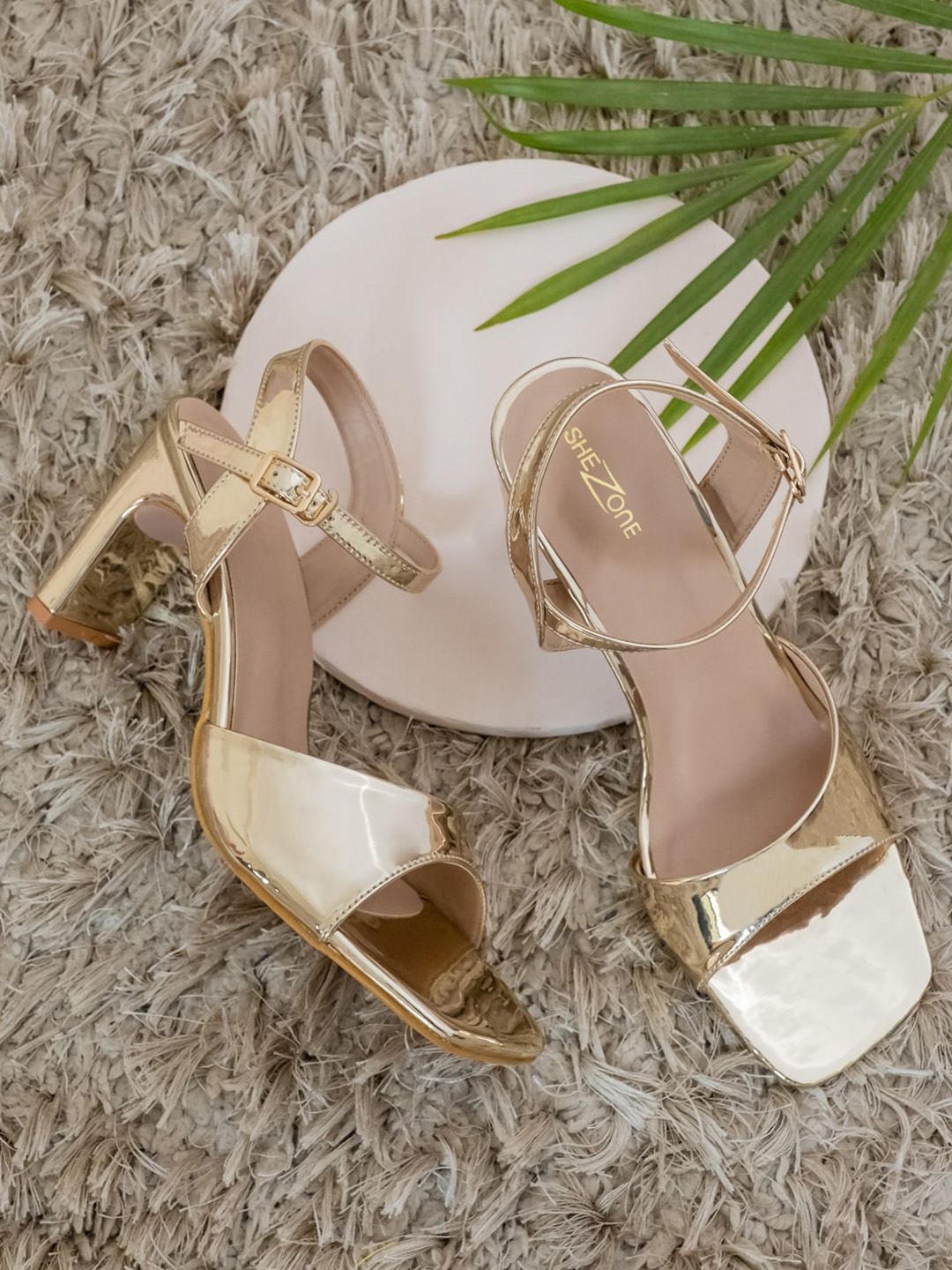 Shezone Gold-Toned Textured Block Sandals with Buckles Price in India