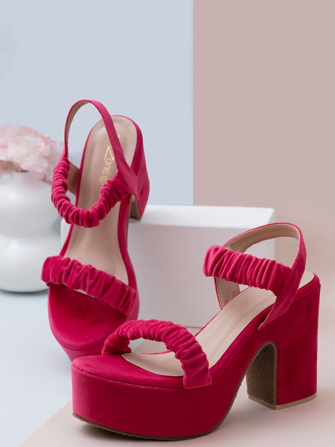 Shezone Pink Textured Suede Block Sandals with Buckles Price in India