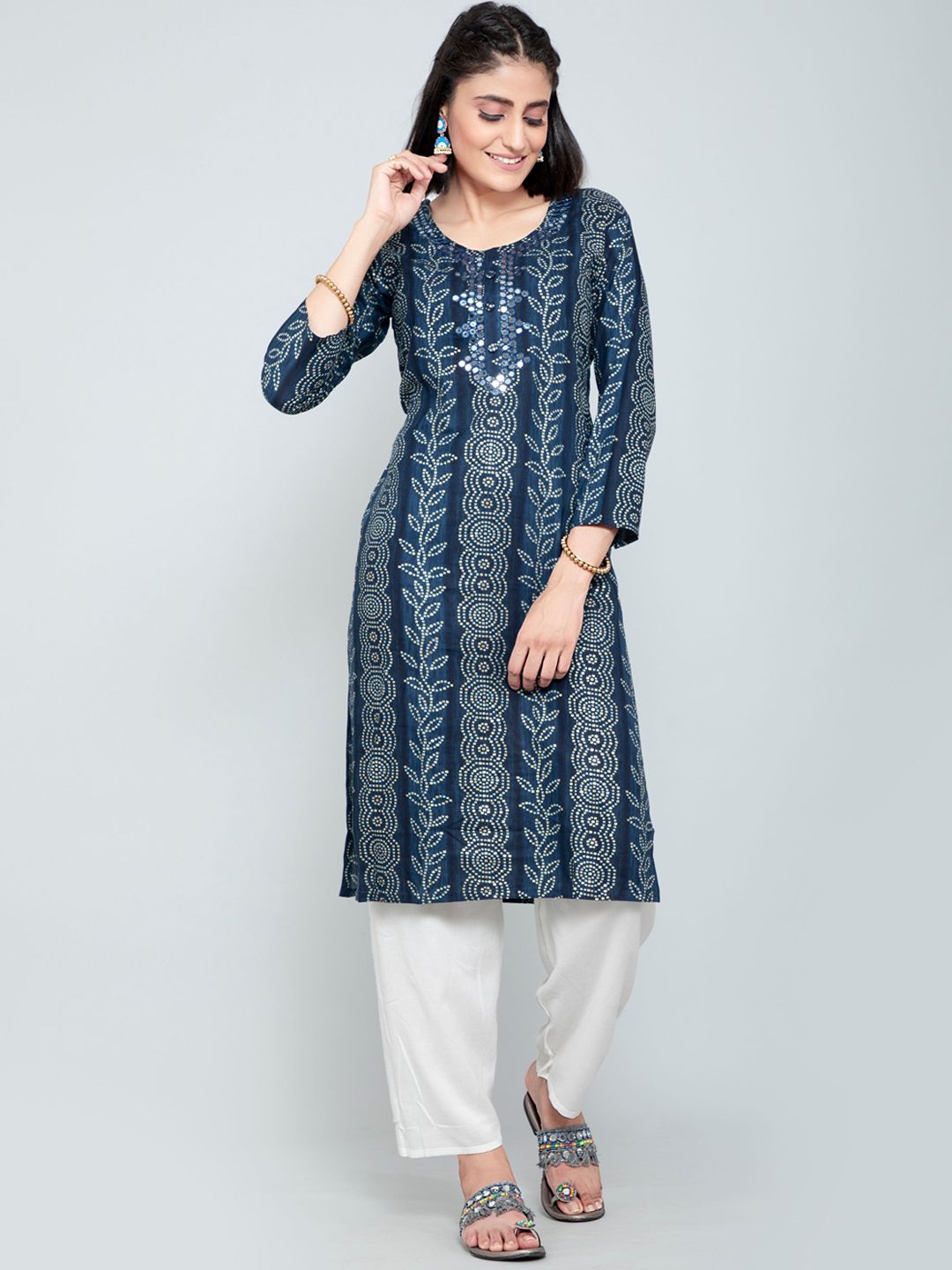 POONAM DESIGNER Women Navy Blue Printed Kurta Price in India