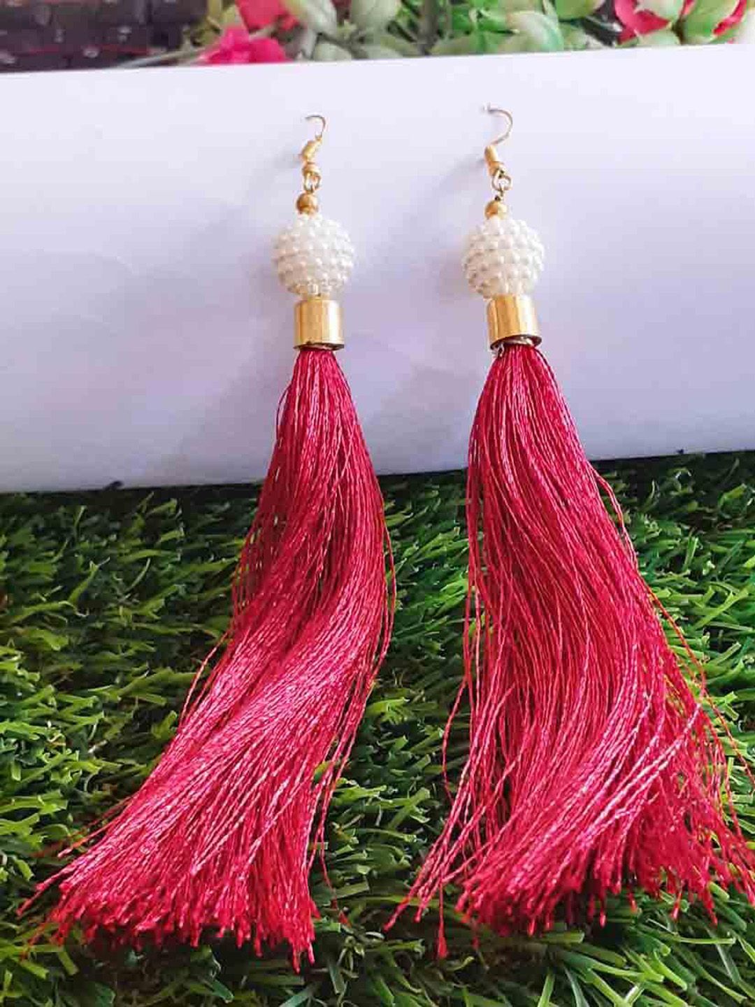 RICH AND FAMOUS Maroon Contemporary Drop Earrings Price in India