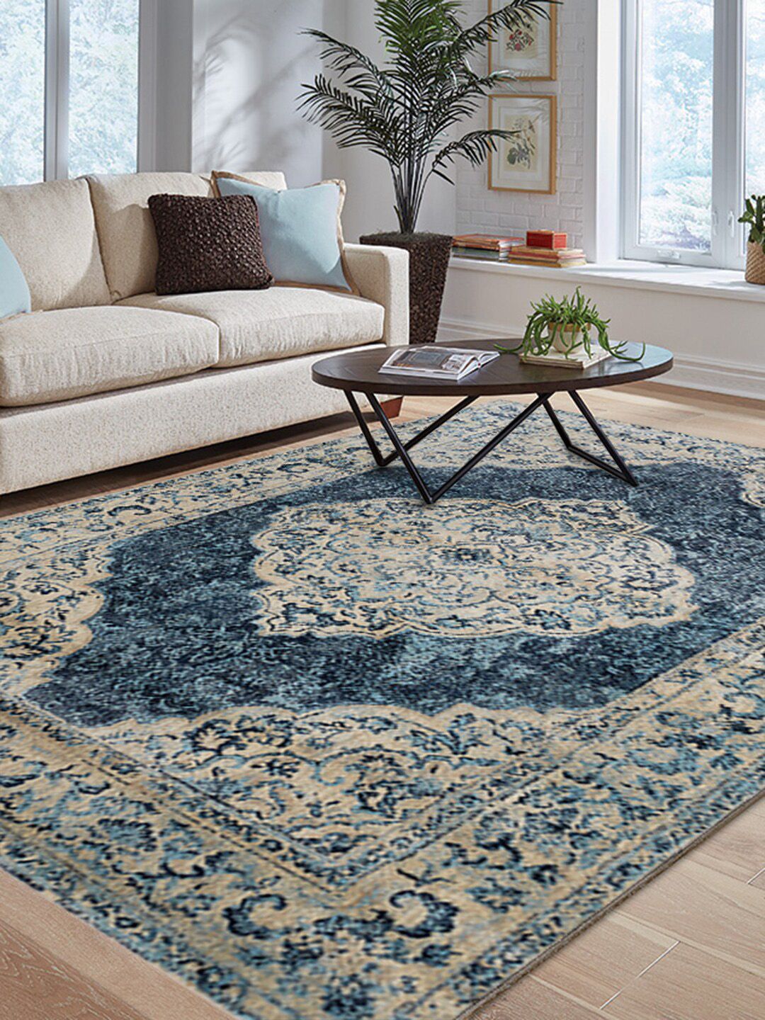 DDecor Blue & Beige Traditional Rectangular Polypropylene Carpet Price in India