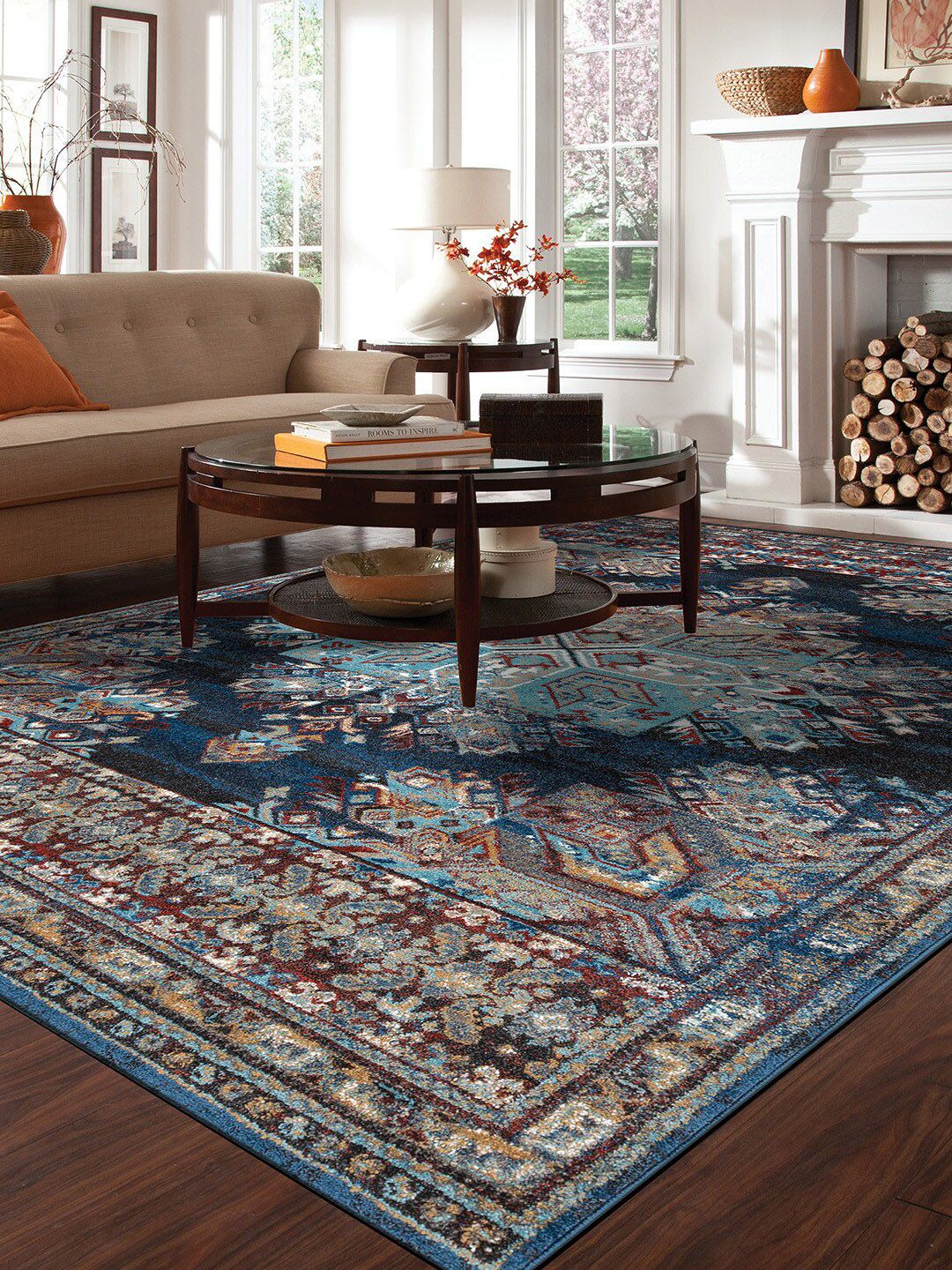 DDecor Blue & Brown Traditional Rectangular Polypropylene Carpet Price in India