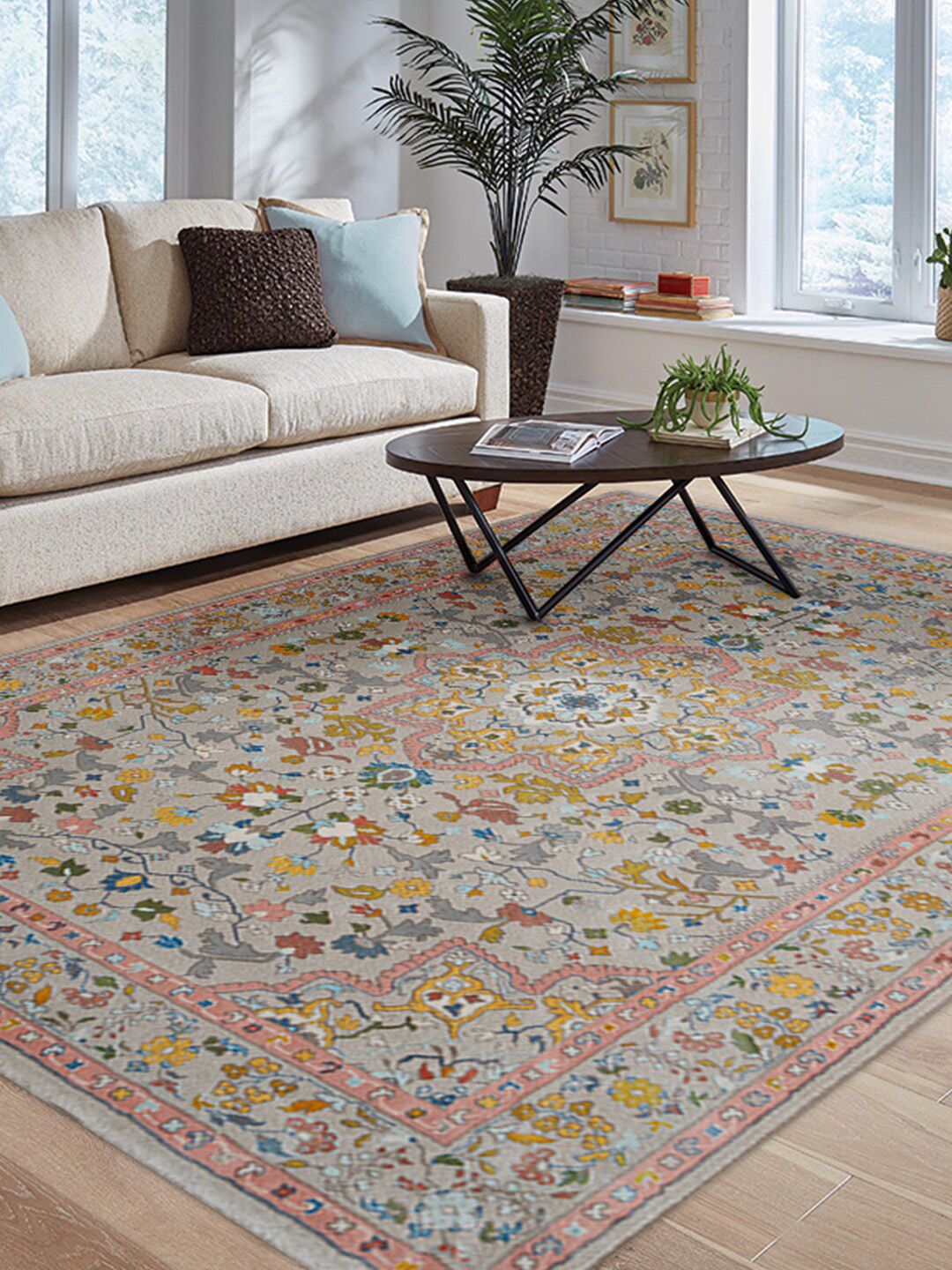 DDecor Grey & Pink Ethnic Motifs Printed Traditional Carpet Price in India