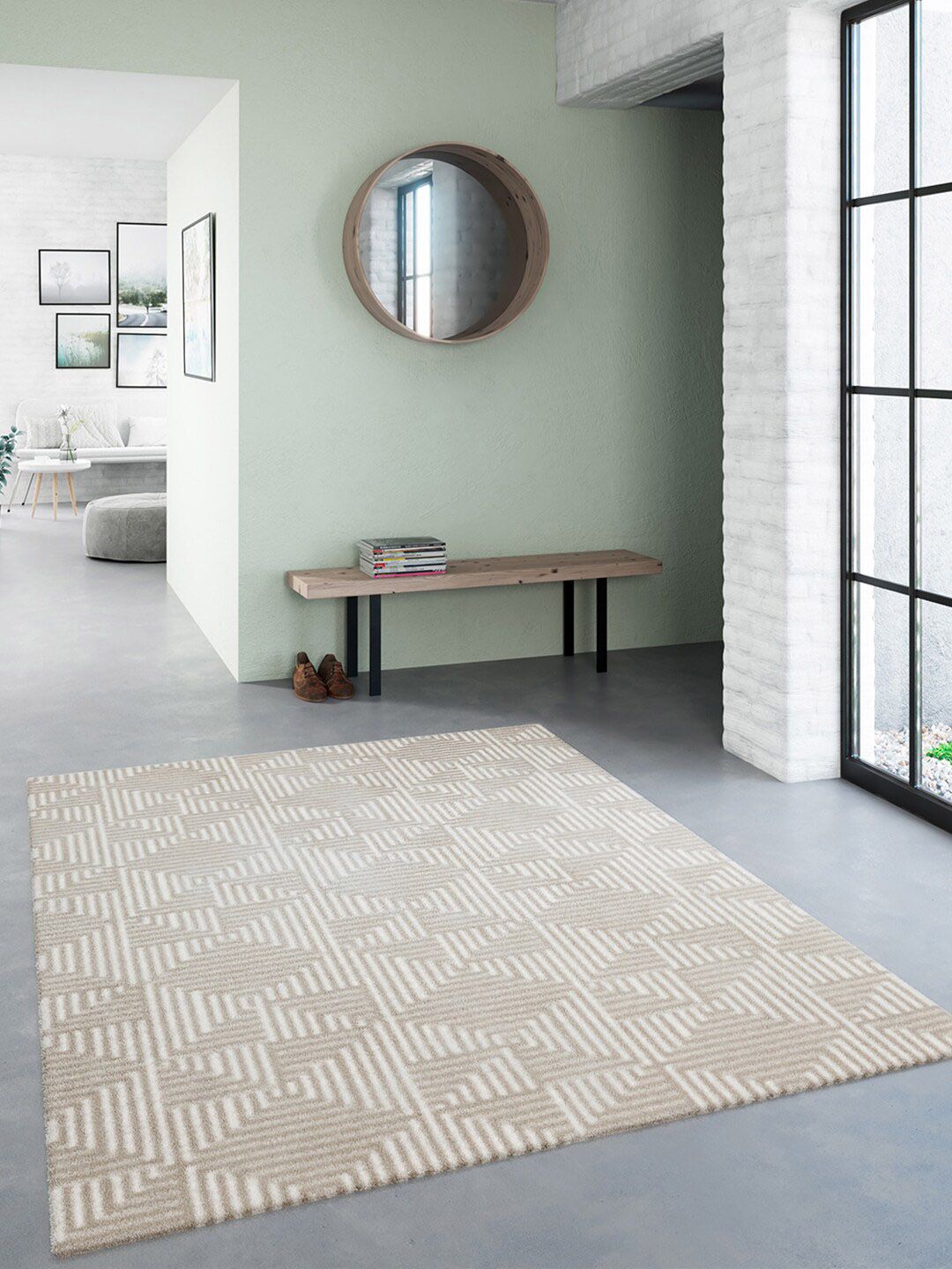 Ddecor Beige & White Geometric Contemporary Carpet Price in India