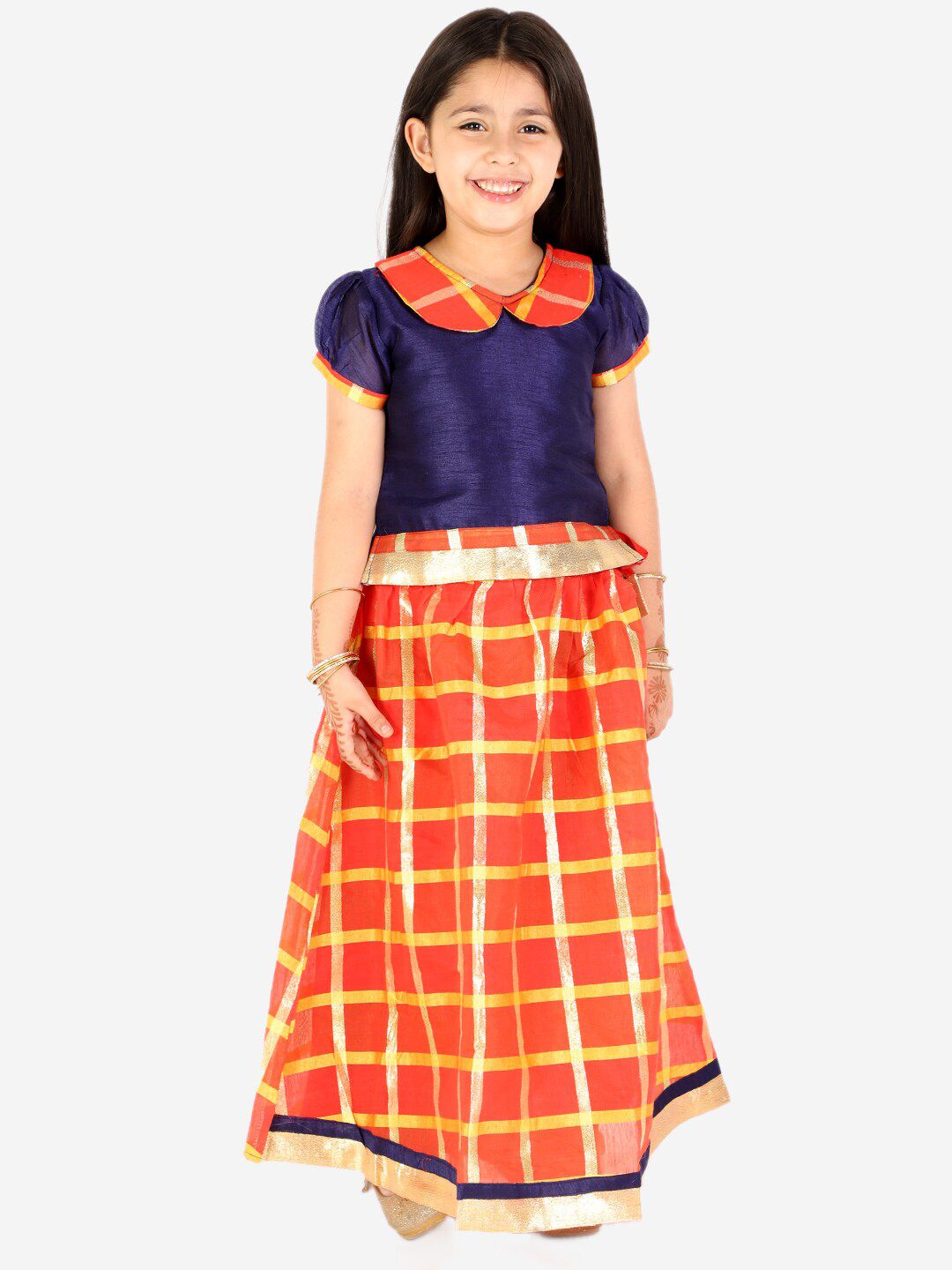 KID1 Girls Navy Blue & Orange Embellished Ready to Wear Lehenga &