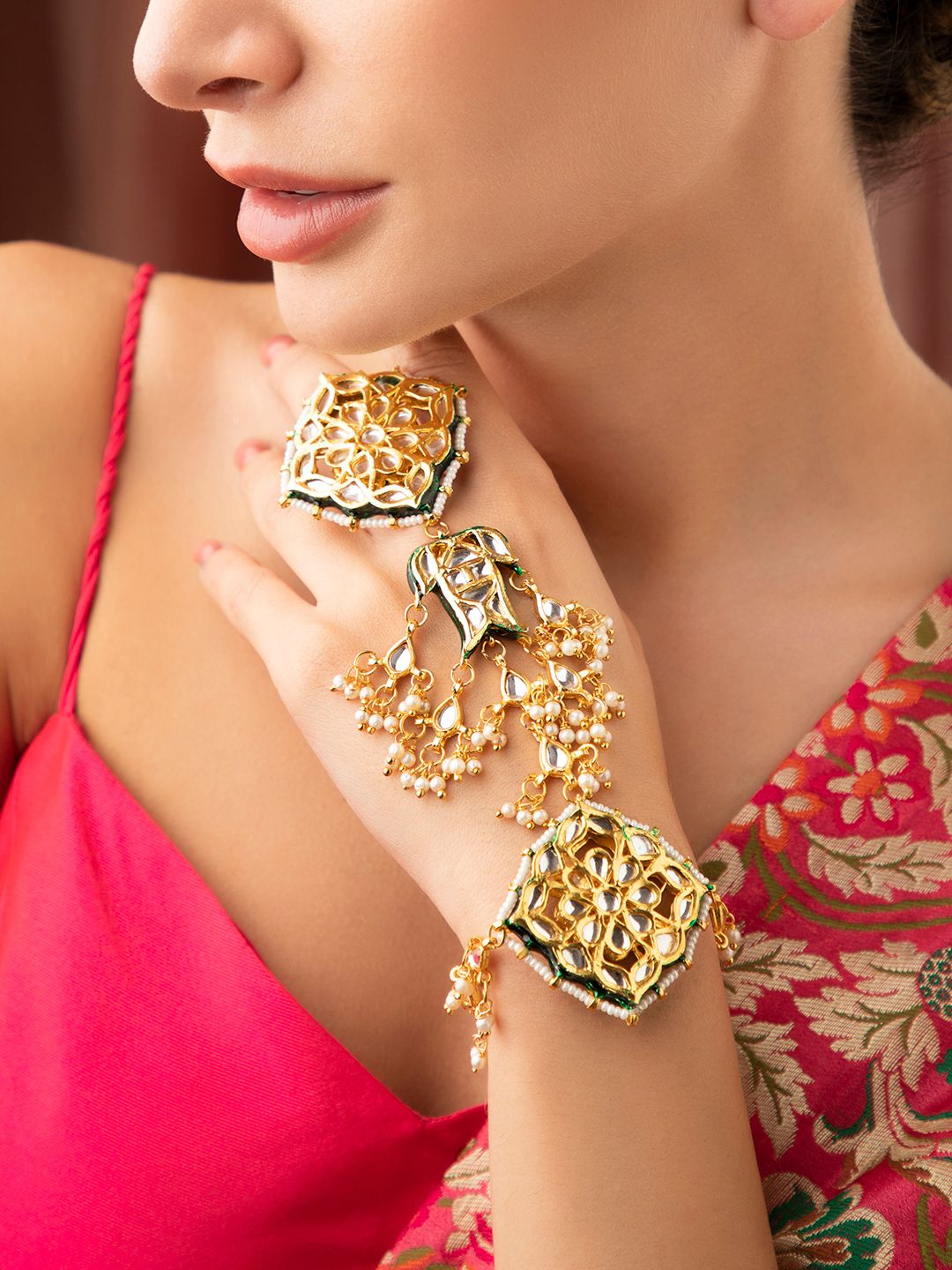 Rubans Women Gold-Toned Gold-Plated Ring Hathphool Bracelet Price in India