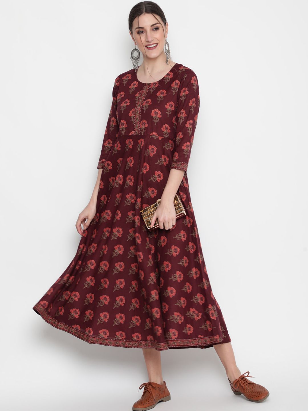 GLAM ROOTS Women Burgundy Floral Printed Floral Anarkali Kurta Price in India