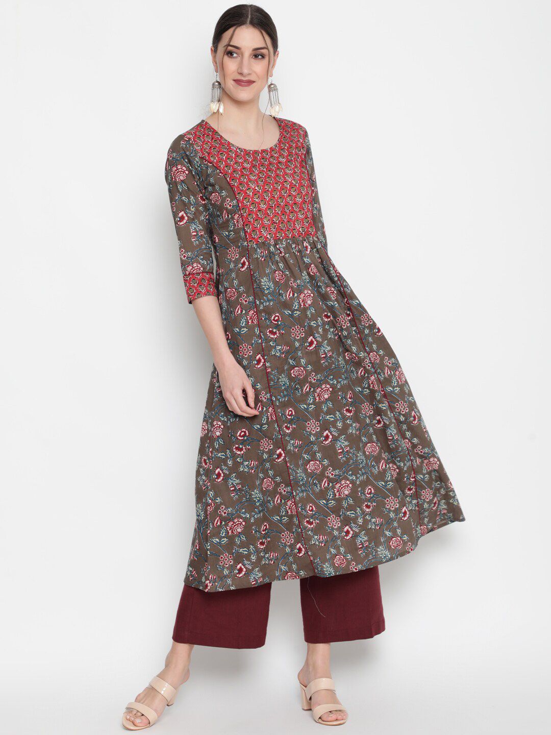 GLAM ROOTS Women Coffee Brown Floral Printed Mirror Work Floral Anarkali Kurta Price in India