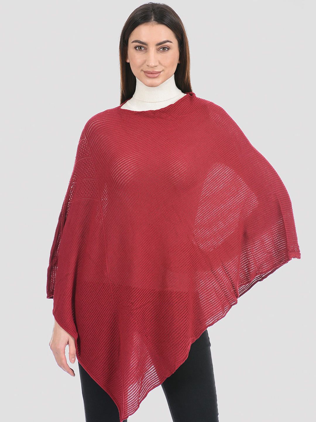 PORTOBELLO Women Maroon Ribbed Poncho Price in India