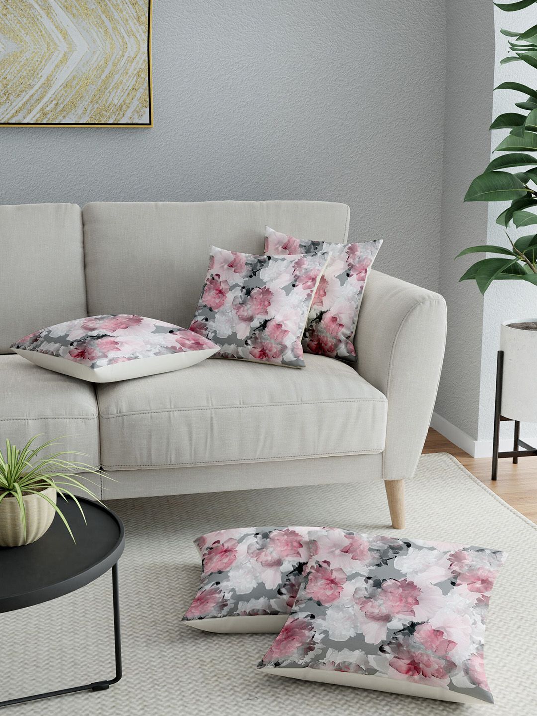 LA VERNE Off White & Pink Set of 5 Floral Square Cushion Covers Price in India