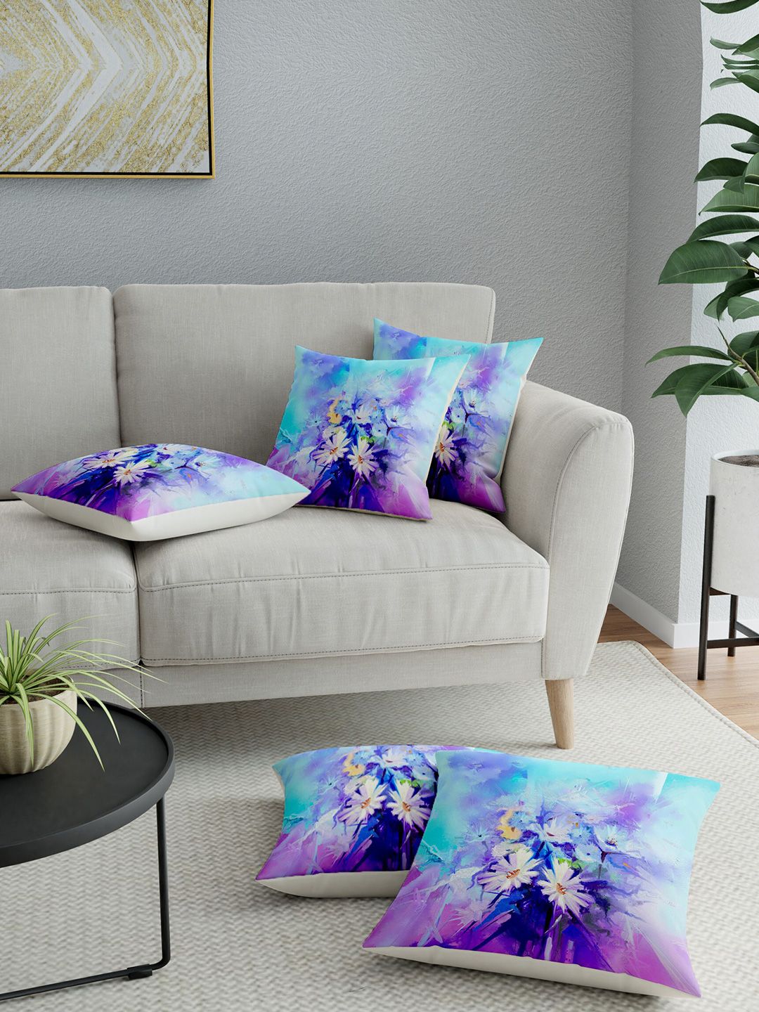 LA VERNE Blue & Purple Set of 5 Floral Square Cushion Covers Price in India