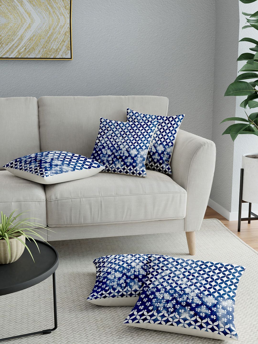 LA VERNE Blue & White Set of 5 Geometric Square Cushion Covers Price in India