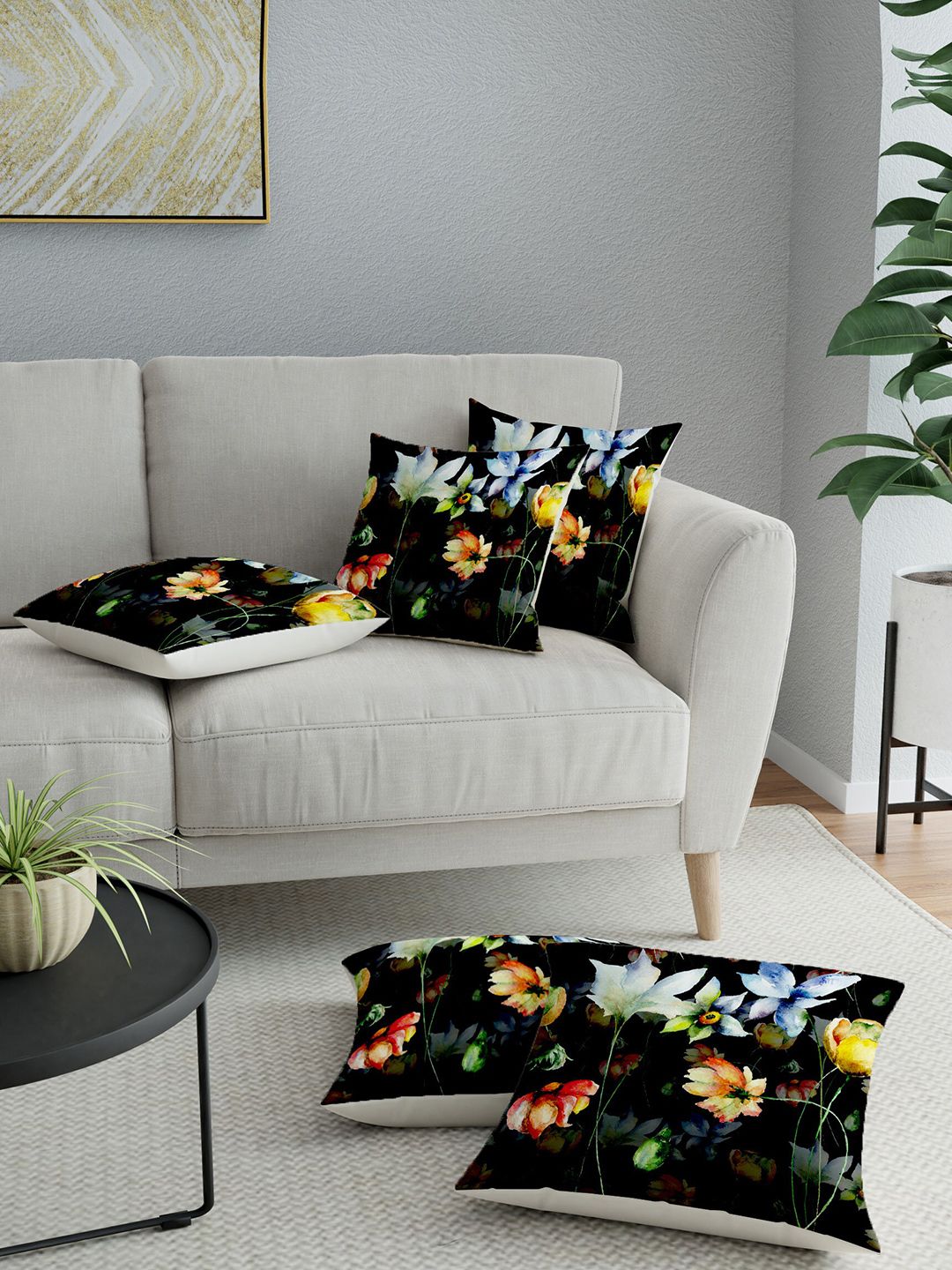 LA VERNE Black & Peach-Coloured Set of 5 Floral Square Cushion Covers Price in India