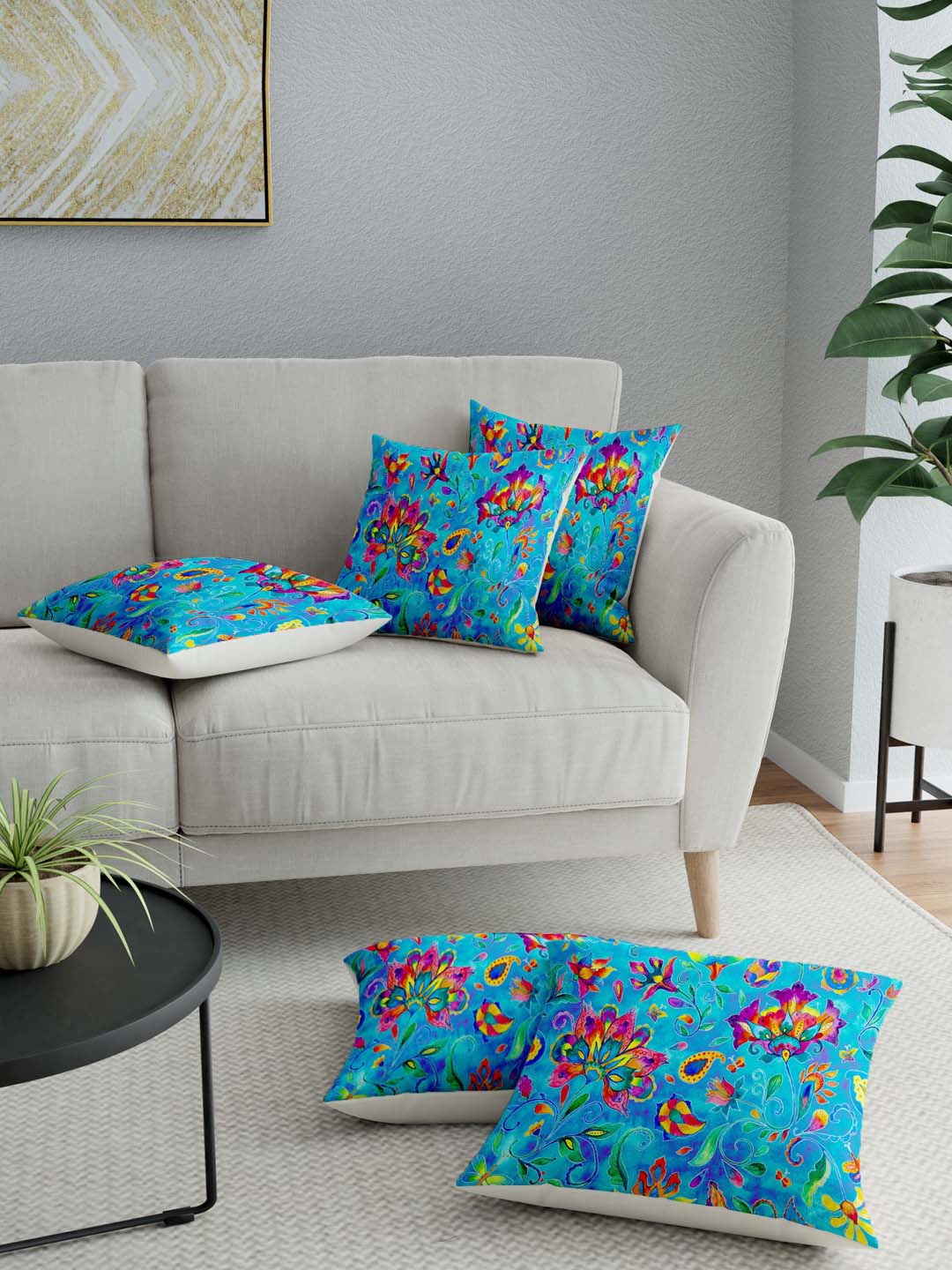 LA VERNE Multicoloured Set of 5 Floral Square Cushion Covers Price in India