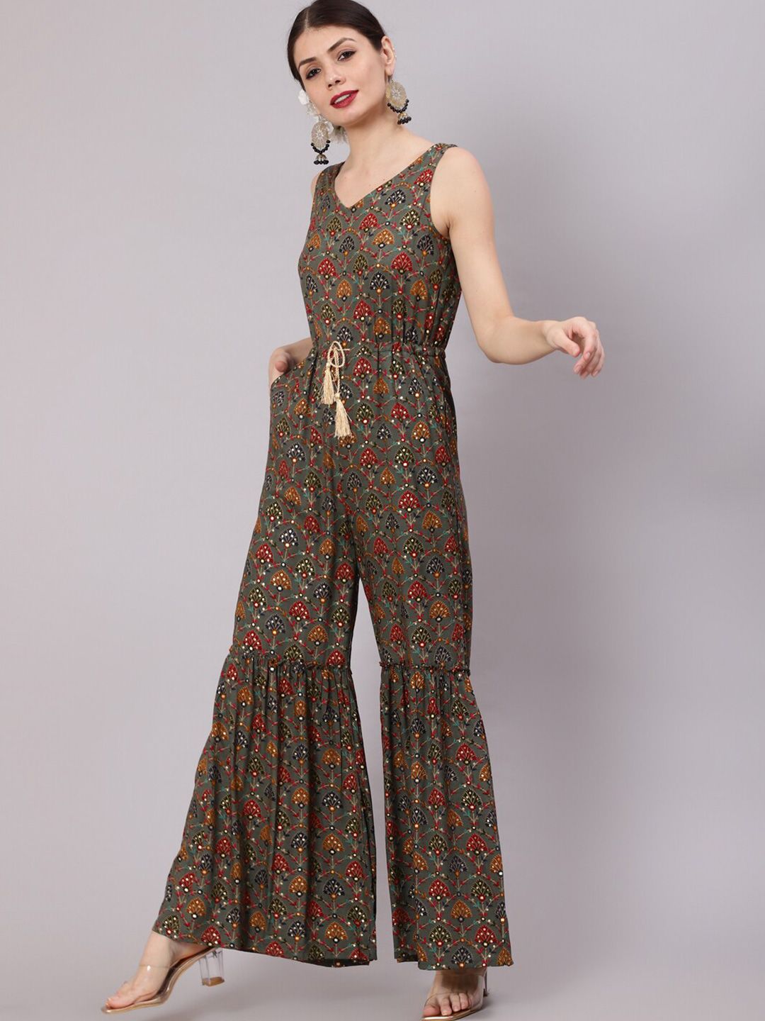 Awadhi Women Grey & Rust Printed Basic Jumpsuit with Ruffles Price in India