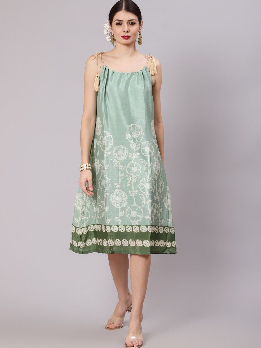 Awadhi Women Green Floral A-Line Dress Price in India