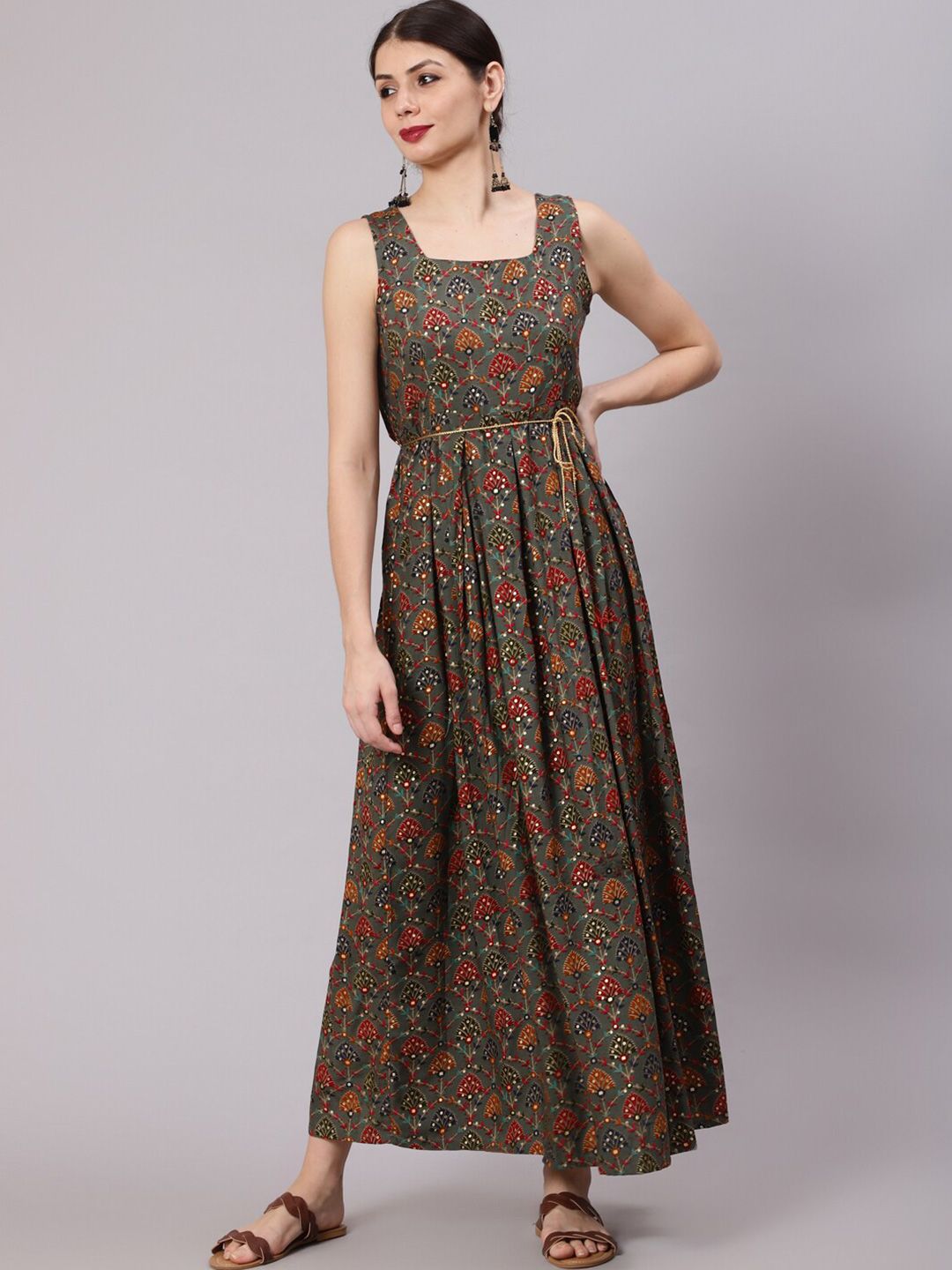 Awadhi Grey & Red Floral Sleeveless Maxi Dress Price in India