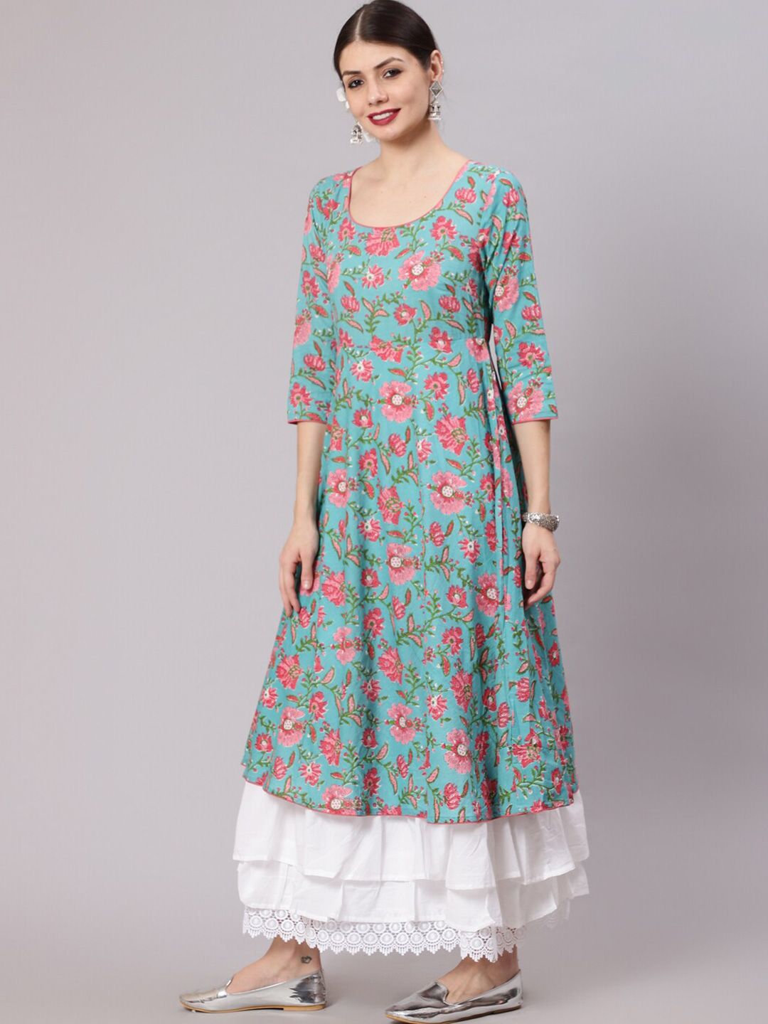 Awadhi Women Blue & White Floral Printed Layered Maxi Dress Price in India