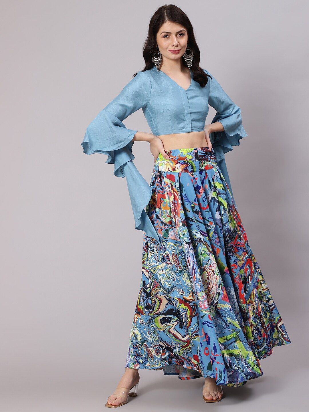 Awadhi Blue & Green Ready to Wear Abstract Digital Printed Lehenga Choli Price in India