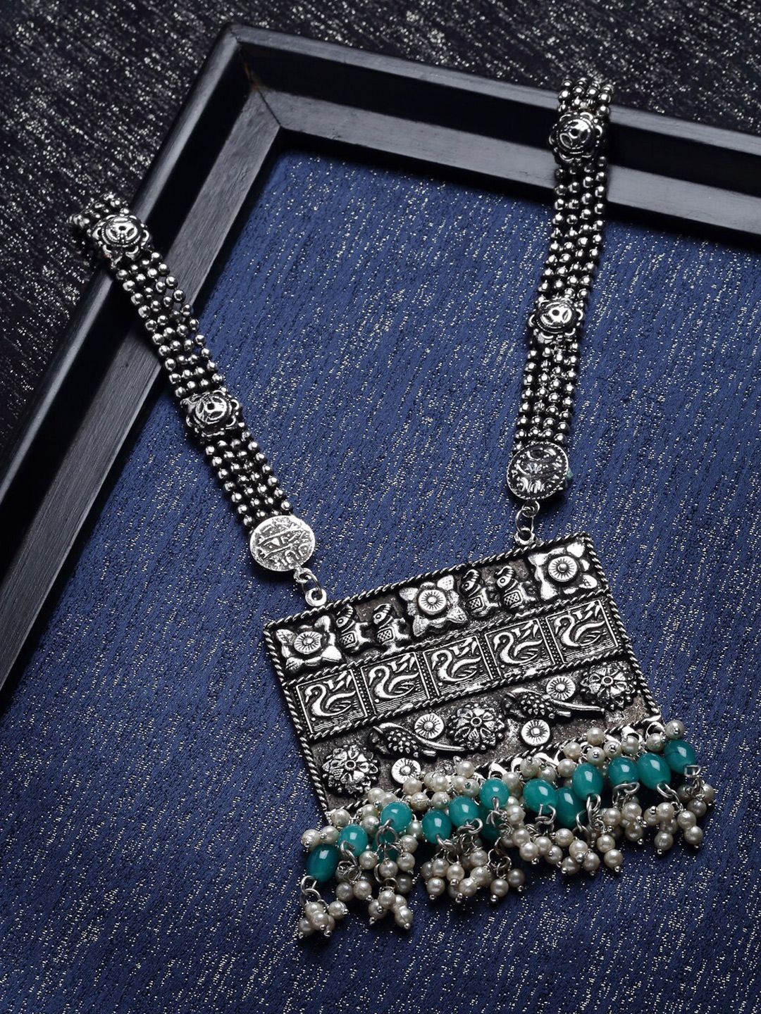 PANASH Silver-Toned & Green Brass Silver-Plated Oxidised Necklace Price in India