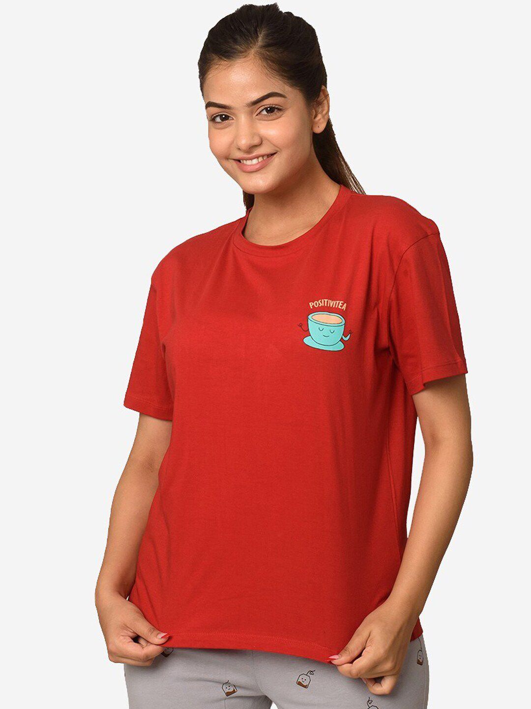 Soxytoes Women Maroon Positivitea Printed Lounge T-Shirts Price in India