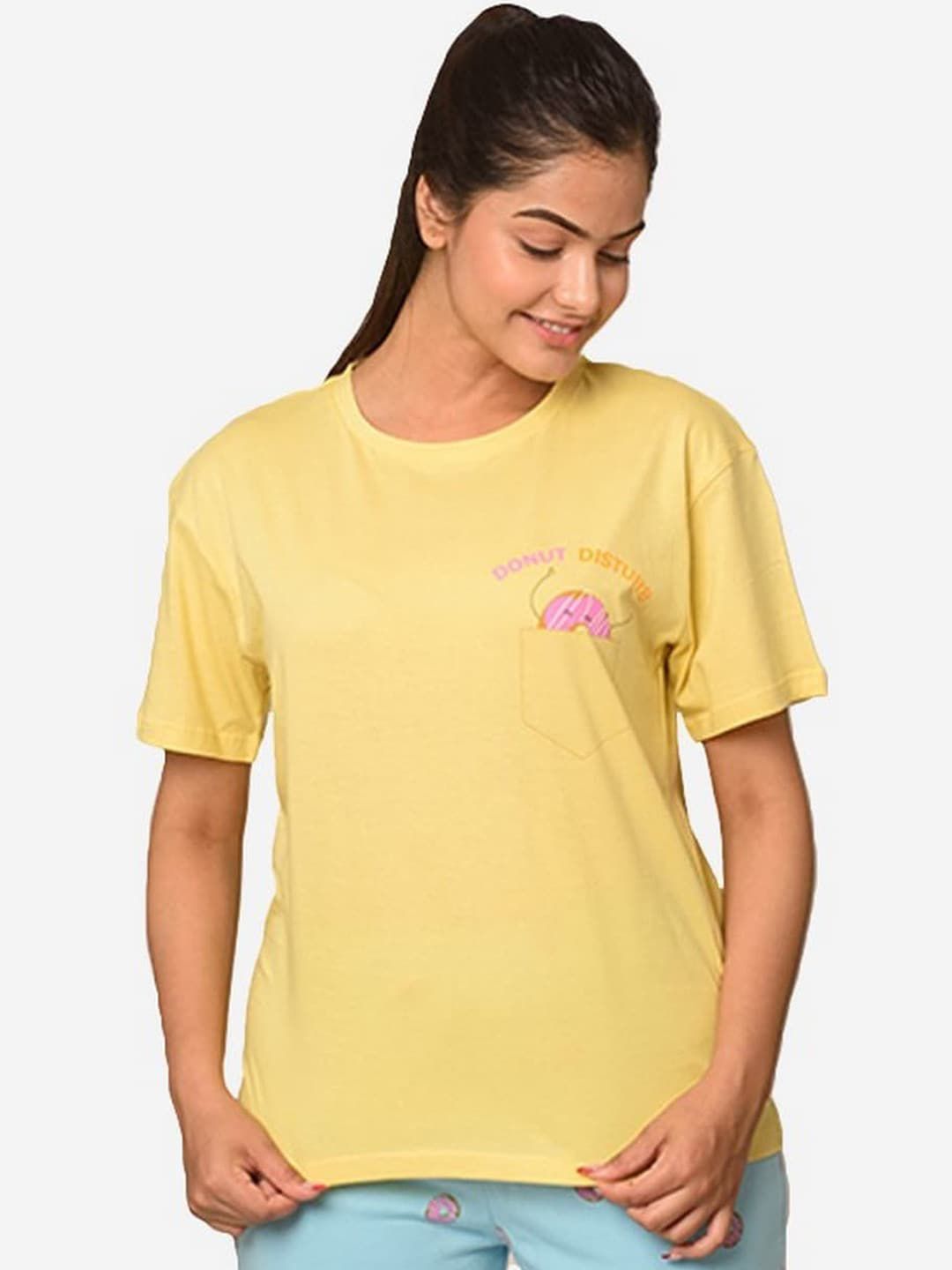 Soxytoes Women Yellow Donut Disturb Printed Cotton Lounge T-shirt Price in India