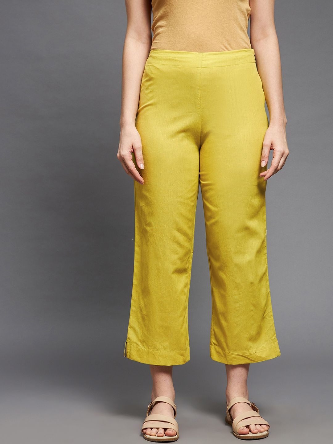 Indian Dobby Women Yellow Straight Fit Trousers Price in India