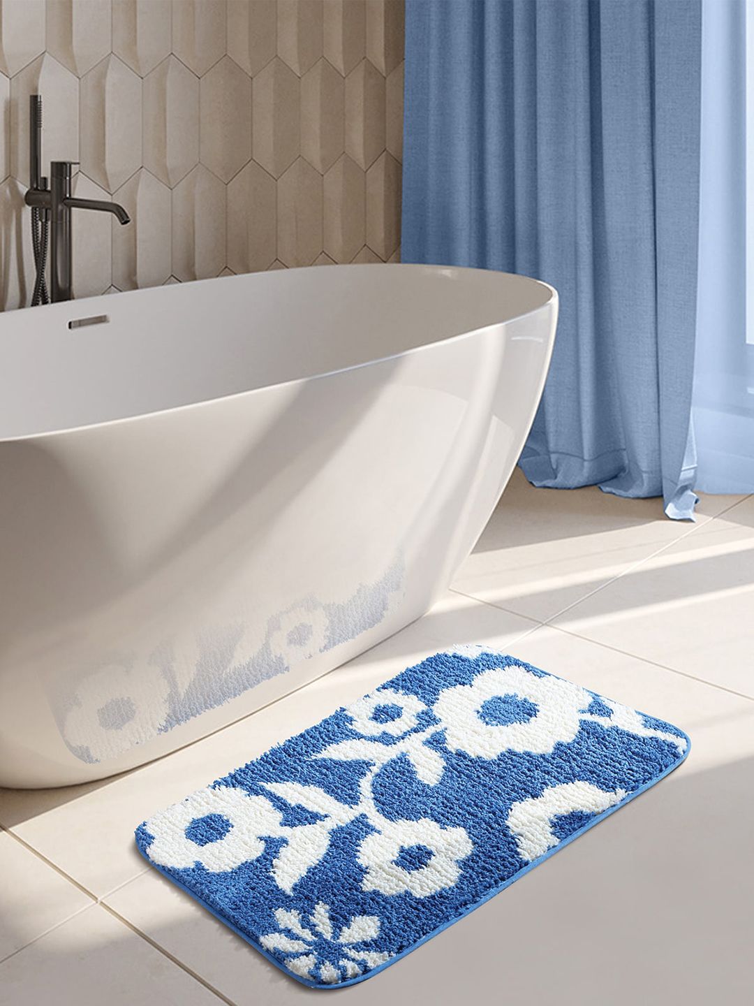 OBSESSIONS Blue & White Floral Anti-Skid 1400 GSM Rectangular Bath Rug Price in India