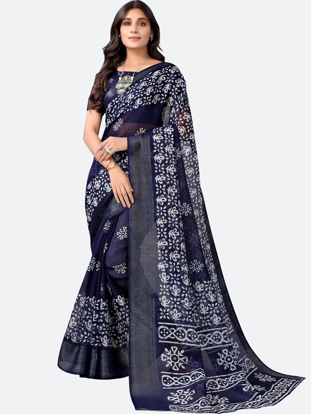 KALINI Blue & White Ethnic Motifs Zari Kota Saree