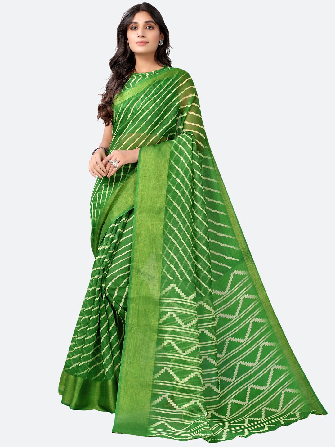 KALINI Green & White Printed Leheriya Saree