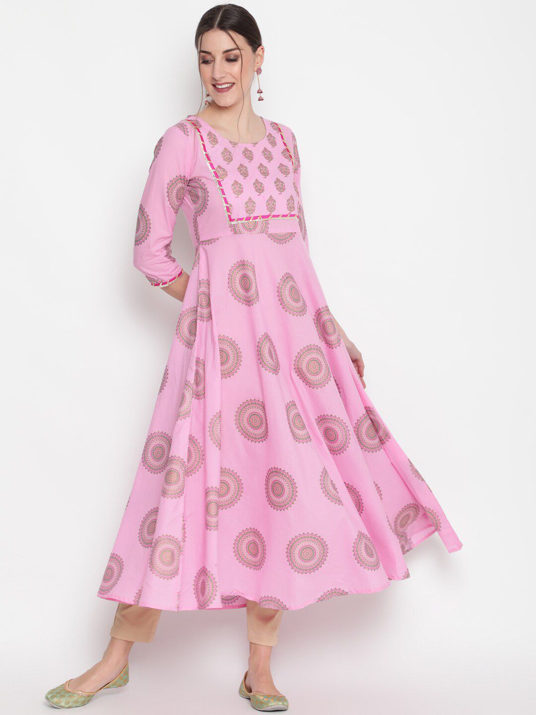 GLAM ROOTS Women Pink Ethnic Motifs Printed Mirror Work Floral Anarkali Kurta Price in India