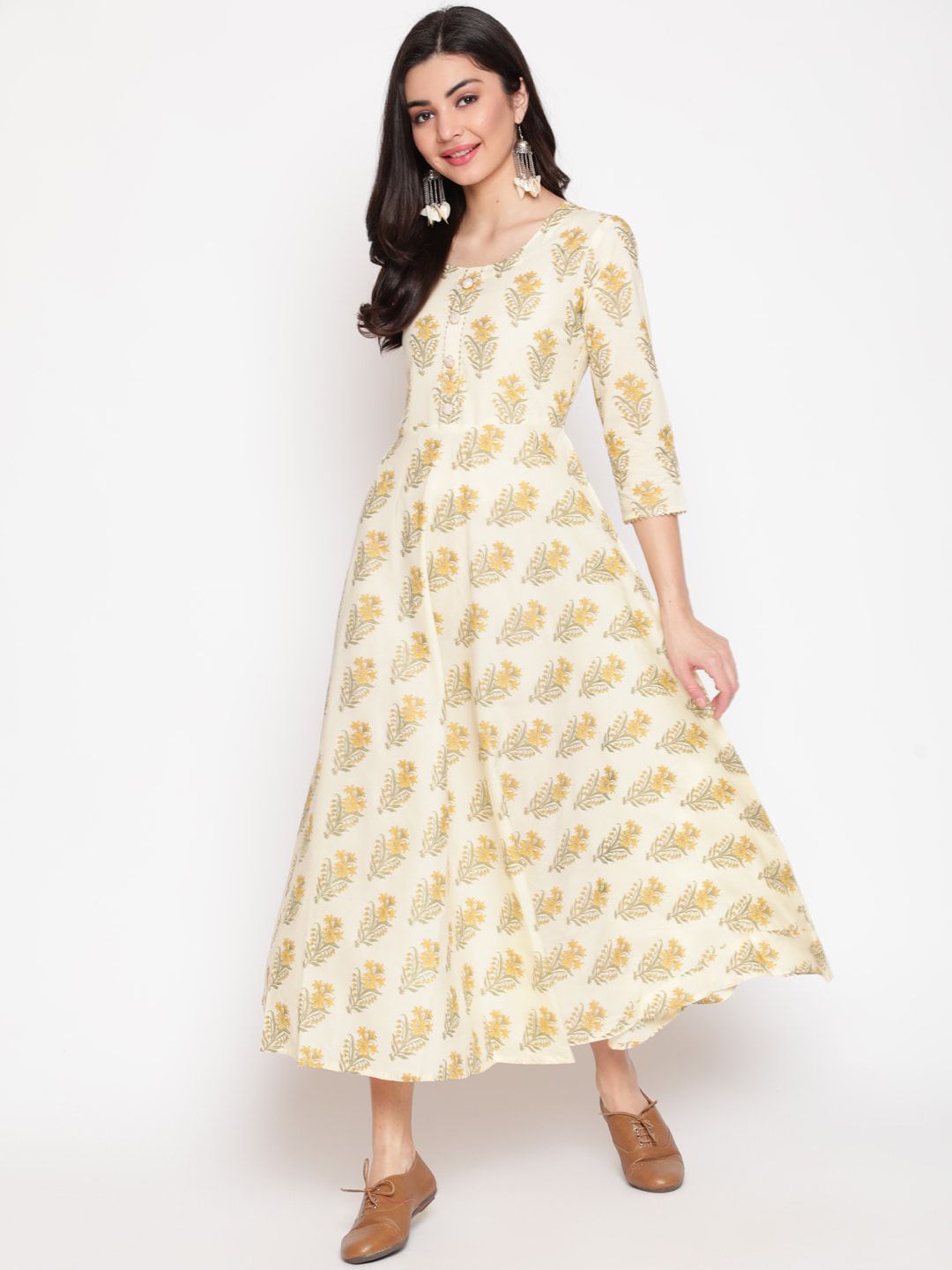 GLAM ROOTS Women Yellow Floral Printed Floral Anarkali Kurta Price in India