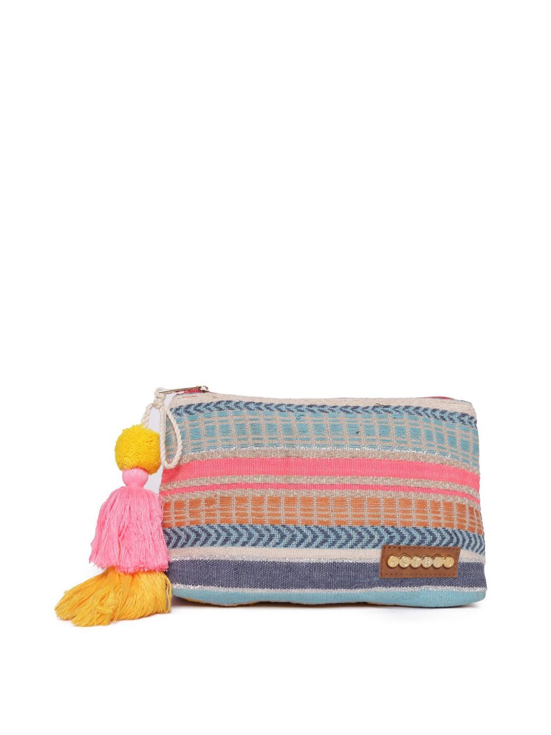 ASTRID Green & Pink Woven Design Travel Pouch With Tassels Price in India