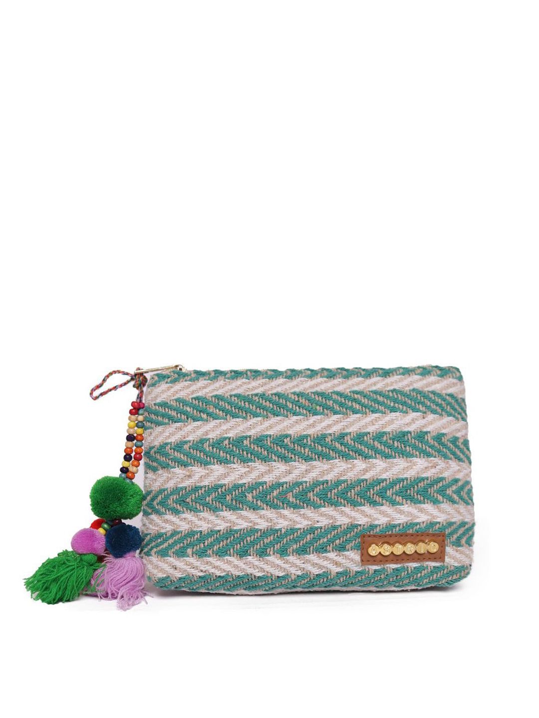 ASTRID Women Sea Green and Beige Self-Design Makeup Pouch with Tassels Price in India